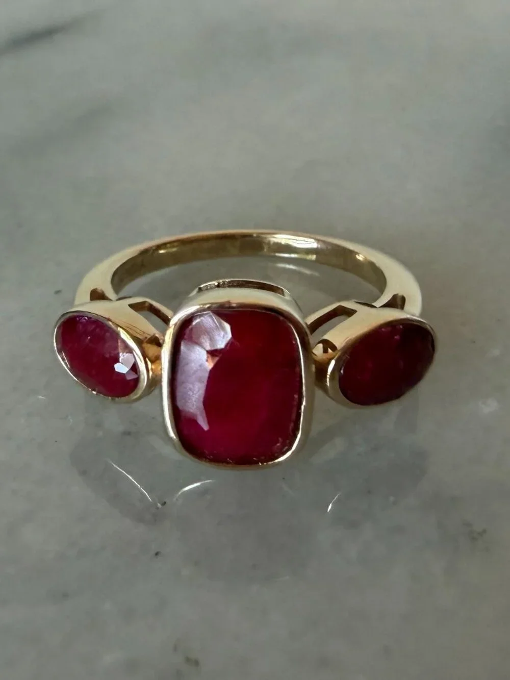 NIB 3.30 ct. Ruby Three-Stone Ring in 18kt Gold Over Sterling - 5 - 5.25